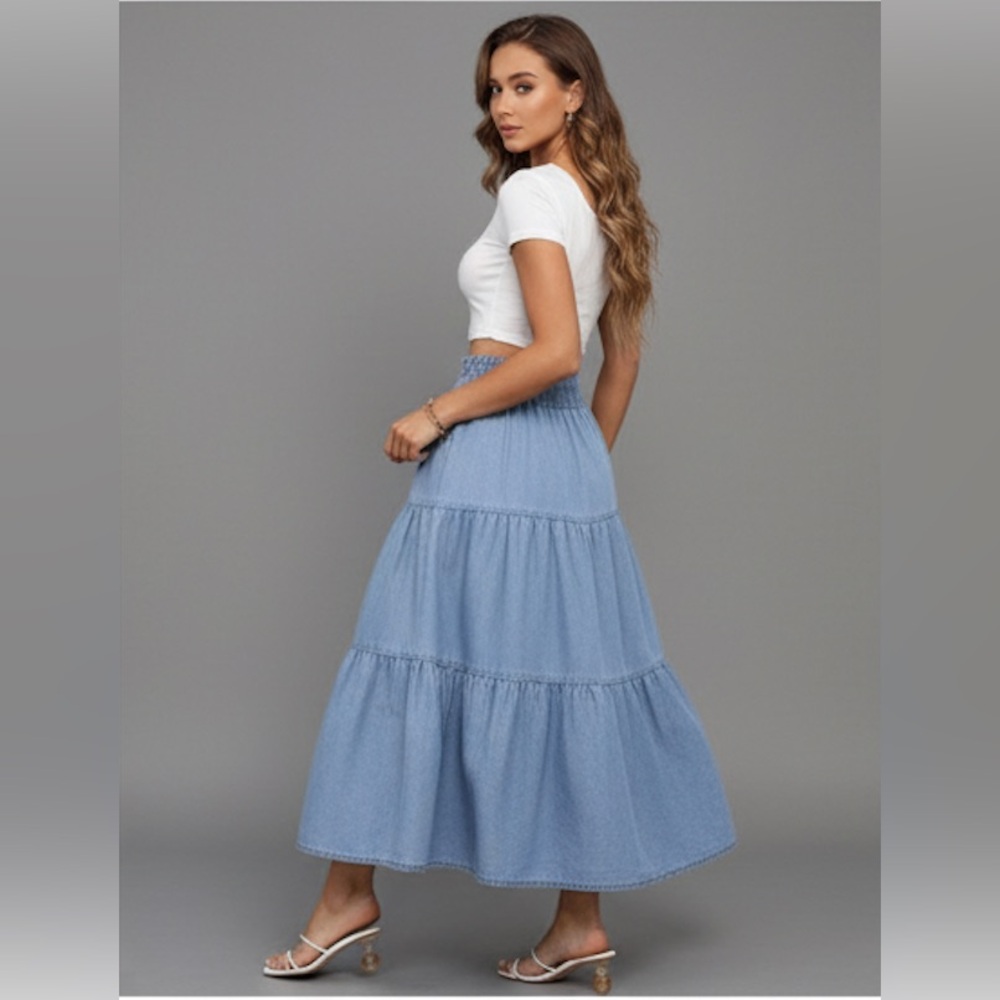 Boho Ruffle Hem Shirred Waist Denim Midi Skirt - Picture 2 of 9
